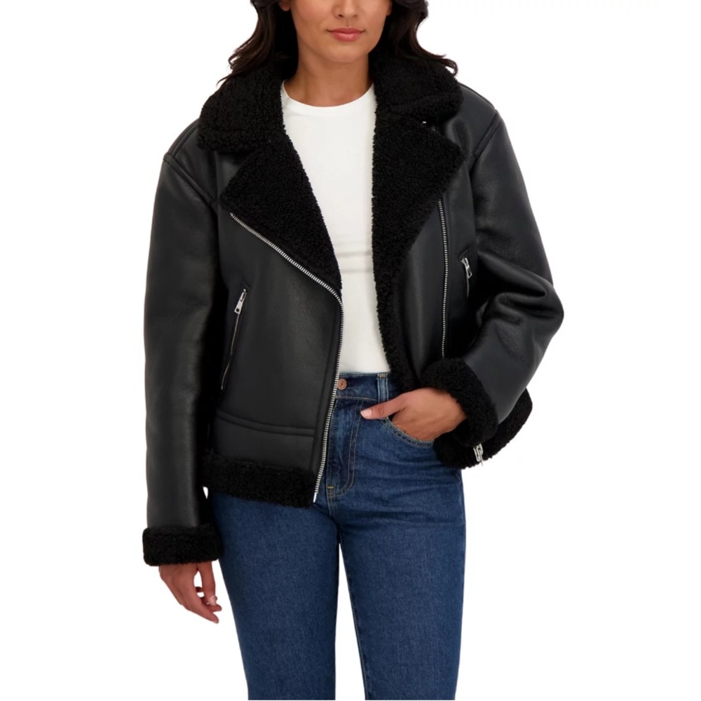 Sebby -  Assymetrical Moto Faux Shearling Jacket - Medium
